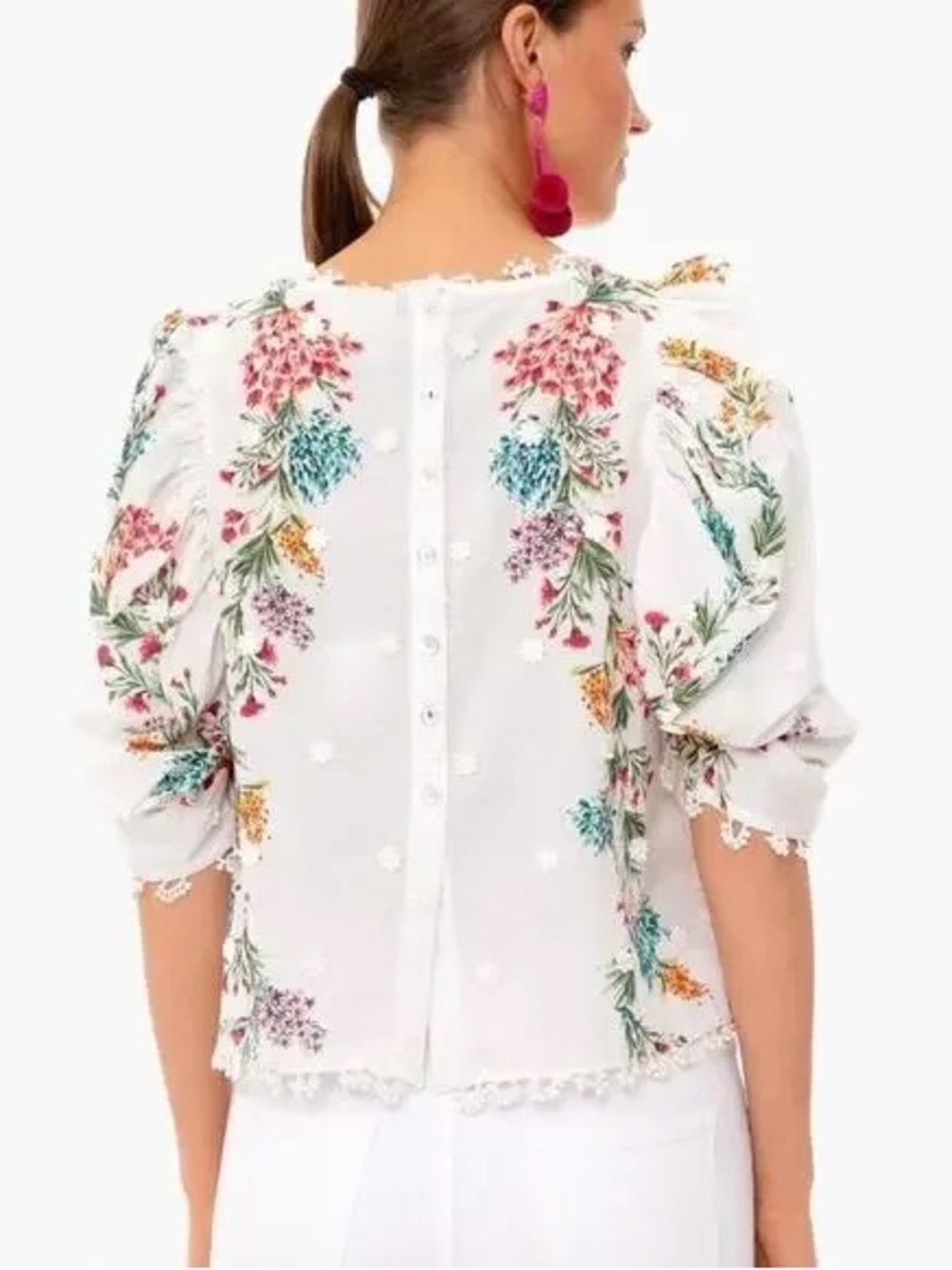 FARM RIO 3D Floral Embroidered White Puff-Sleeve Blouse Button Back Sz: XS